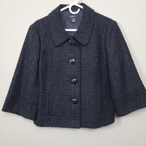 Style & Co. Womens Black 3/4 Sleeve Collared Button Front Blazer Sz 14